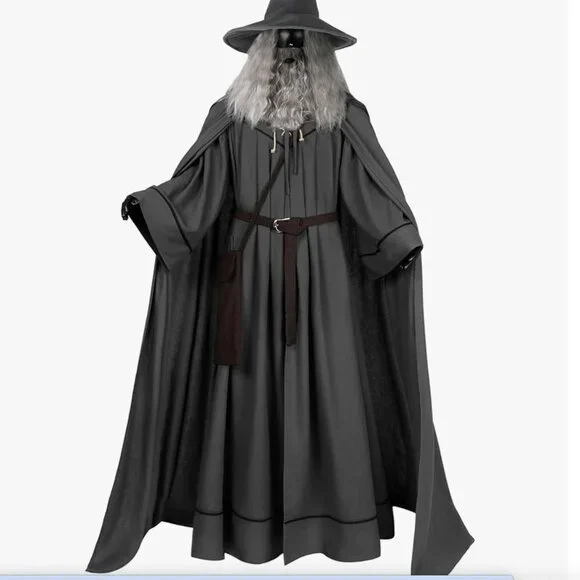 Gandolf Costume Mens Gray Robe Hooded Cloak with Hat Grey Wizard - Picture 1 of 6
